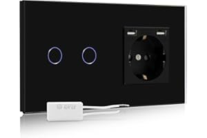 BSEED Interruptor regulador de luz con enchufe USB,2 Gang 1 Vía LED Dimmer Switch con pantalla táctil Negro,16A 250V Enchufe de pared con 2 Puertos USB(Max 2.1A)(Adaptador Led requerido)
