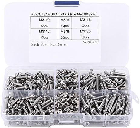 300 Pcs M3 Stainless Steel Hex Socket Cap Head Screw Bolts and Nuts Assortment Tool Kit with Plastic Box