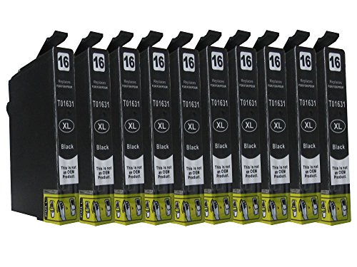 10 XL komp Patronen schwarz für Epson T1631 16XL - 10 x Schwarz für Epson WorkForce WF 2010 2510 2520 2530 2540 2630 2650D 2660