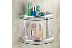 PORTE ITALIANE FIP, Mensola Angolare Doppia Bagno in Vetro, Vetro Temperato 8 mm di Spessore, 2 Livelli angolare da parete Alluminio ARGENTO S5017