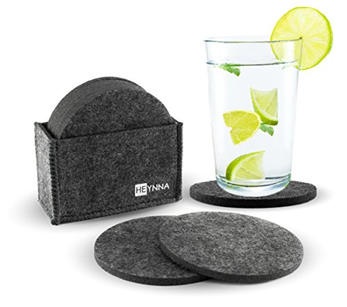 HEYNNA Glasuntersetzer Set Filz / 8 runde Untersetzer mit praktischer Halterung - Premium Tischuntersetzer für Tassen, Gläser und Flaschen / Farbe dunkelgrau