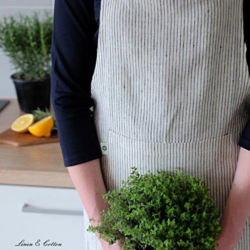 Linen & Cotton Schürze, Küchenschürze, Kochschürze, Grillschürze “LIVI“, 100% Leinen (Stonewashed) – 70 x 100cm, Streifen Weiß/ Schwarz - 5