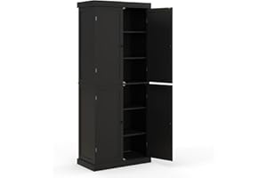 TANGZON Tall Kitchen Cupboard, Tall Storage Cabinet with 4 Doors & 2 Adjustable Shelves, Freestanding Wooden Sideboard Unit for Pantry Dining Living Room (76 x 40 x 184cm, 6-Tier, Black)