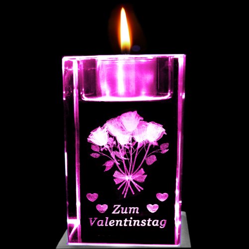 Kaltner Präsente Stimmungslicht – Das perfekte Geschenk: LED Kerze / Kristall Glasblock / 3D-Laser-Gravur Teelichthalter Blumen ZUM VALENTINSTAG - 4