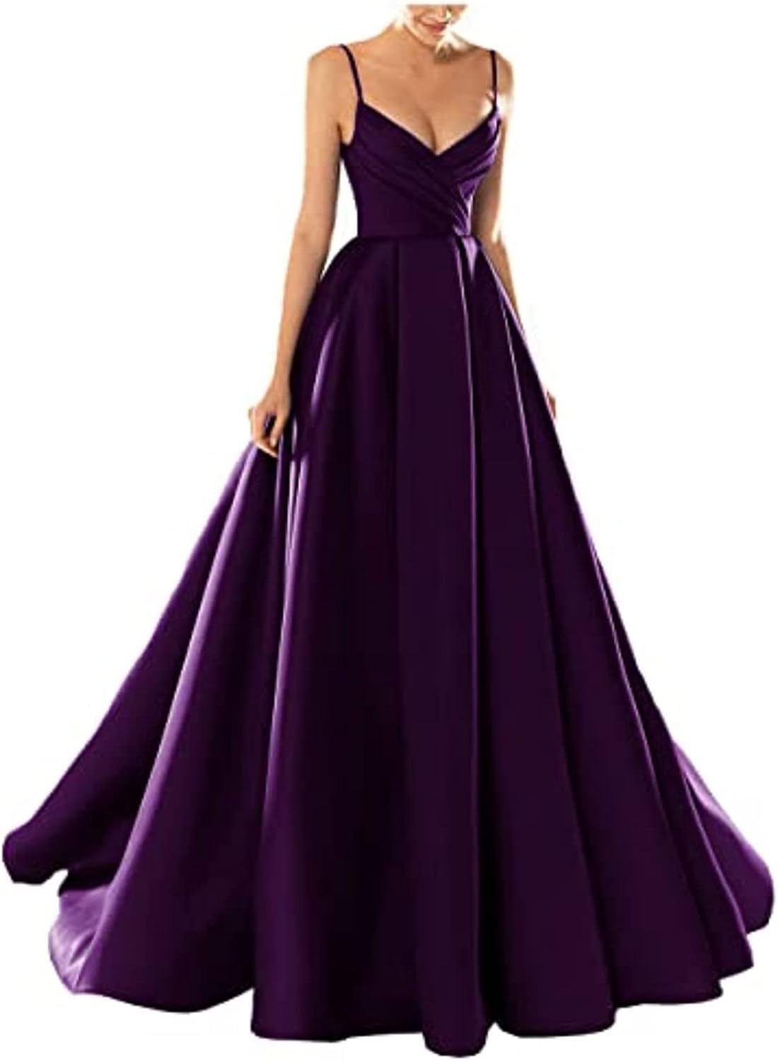 yhfshop Formal Long Evening Party Dress,Sexy V-Neck Spaghetti Strap Satin Evening Dress,Grape Purple,US8,Gowns Evening Bridesmaid Dresses