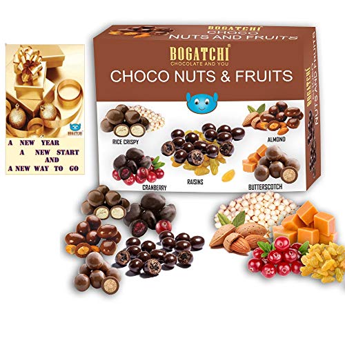 BOGATCHI Chocolate Coated Assorted Nuts and Fruits, New Year Special Gift for Family, Friends and Kids, 100g + Free New Year Greeting Card
