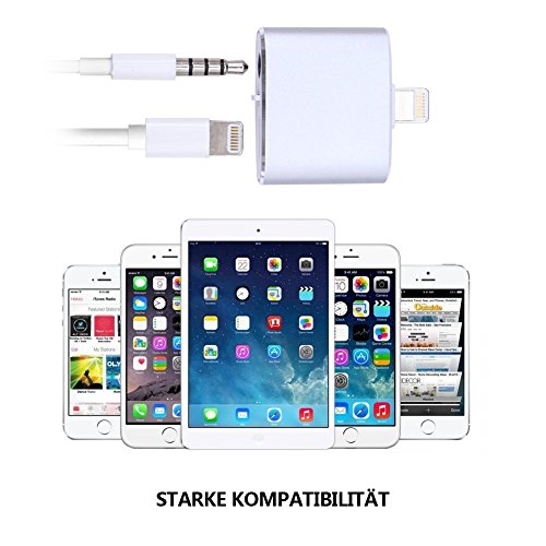 ATETION [ Supporting control music and call volume ] 2 in 1 Lightning to 3.5mm Aux Adapter for iPhone 7 / 7 Plus, Earphones Jack Cable Audio Adapter and Lightning to Charger (Silver)