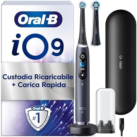 Oral-B Spazzolino Elettrico Ricaricabile iO 9N, Sensore di Pressione, Display Interattivo, A.I. , 7 Modalità, 2 Testine, 1 Spazzolino, 1 Custodia da Viaggio, pacchetto variabile, Nero (Black Onyx)