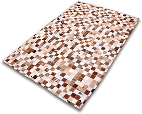 Five Grain Cowhide Patchwork Rug W120 x L180 cm Chessboard Light Brown Cream Box Stitched