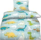 Aminata Kids - Bettwäsche Kinder 100x135 Dinosaurier Dino Jungen Mikrofaser-Kinderbettwäsche Kleinkinder Drache blau Babybettwäsche Kinderbett-Baby