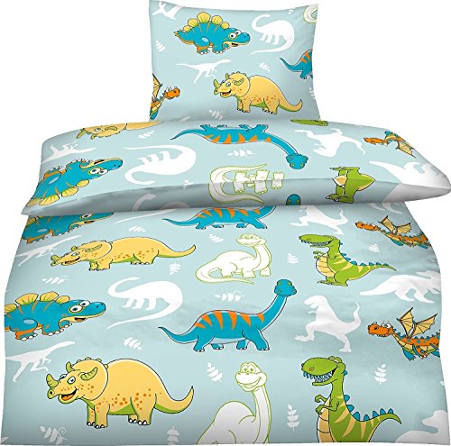Aminata Kids - Bettwäsche Kinder 100x135 Dinosaurier Dino Jungen Mikrofaser-Kinderbettwäsche Kleinkinder Drache blau Babybettwäsche Kinderbett-Baby