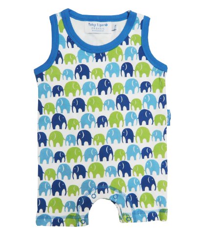 Toby Tiger Unisex Baby Organic Cotton Elephant Romper Blue/ Green 0 - 6 Months