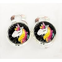 Einhorn Kinder Ohrclips 10mm Motiv Cabochon Ohrringe handgefertigt by Schmuckphantasien in silber auch als Ohrstecker Regenbogen handmade clips for kids