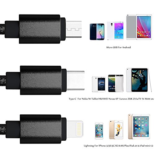 Multi USB Kabel, 4ft /1.24m Nylon geflochten 3 in 1 USB Ladekabel Adapter Stecker mit 8 Pin Lightning / Type C / Micro USB für iPhone 6s, 6, 6 Plus, 5 / 5S / 5C, Galaxy S2, 3, 4, Nexus 6P , 5X und mehr Smartphones(Schwarz) - 3