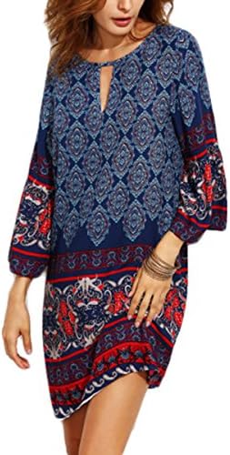 Fanmay Women's Retro Casual Long Sleeves Floral Printed Mini Dress Cocktail Dress Evening Dress Ball Gown Skirts (M, Blue)
