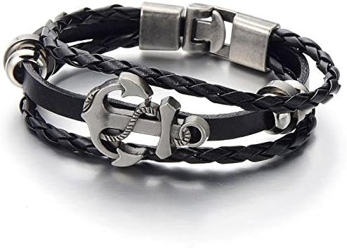 xinyiwei Fashion Unisex Punk Style Multilayer Anchor Cross Leather Bracelet (Black)