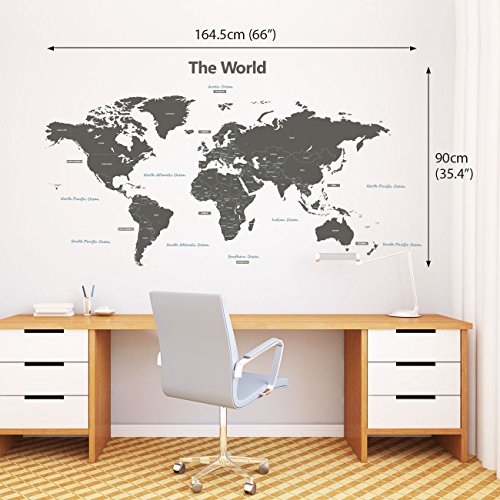 Decowall DLT-1609G Moderne Graue Weltkarte Wandsticker Wandaufkleber Wandtattoo Kinderzimmer (Extra Groß) - 2