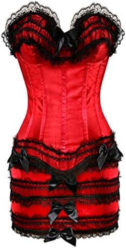 Womens Sexy Gothic Lace Up Corset Bustier Dress Short Skirt Red (L)