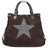 1 Tasche mit Reißverschluss Vain Secrets Sternen Shopper Damen Handtasche mit Schulterriemen (Wildleder Optik Coffee)