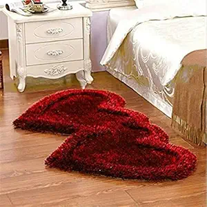 Heavy Super Soft Silky Shaggy Anti Skid Double Heart Shape Bedside Runner, Carpet, Mat for Bedroom/ Living Room/ Floor for Home Decoration (Maroon)