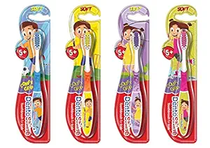 DentoShine COMFY Grip Toothbrush for Kids Ages 5 Plus (Orange, Blue, Pink, Purple, Pack of 4 designs)