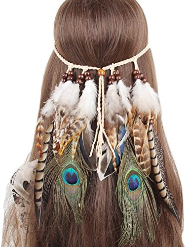 Our Fantasy Time Unique Indian Head Cotton Yarn Braiding Hair Band with Wild Feather and Wooden Beads Hippy Boho Kopfschmuck Women's Hair Accessories, Beautiful Accessory for Fancy Dress, Halloween, Masquerade Party etc.