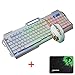 Produktbild LexonElec K38 Gaming Tastatur und Maus Combo Wired Rainbow LED-Licht Multimedia Ergonomic Usb Metall Panel Gaming Tastatur + Breathe Light 3200 DPI 6 Tasten Optische Gamer Mouse Sets (Weiß Silber)
