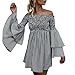Produktbild Longra Damen Holiday Off-Shoulder-Kleider Sommerkleider Knielang Langarm Kleid Streifen Kleider Damen Bandeau Bustier Kleider Festliches Tunikakleid Blusenkleider Beachwear Strandkleid (Black, M)