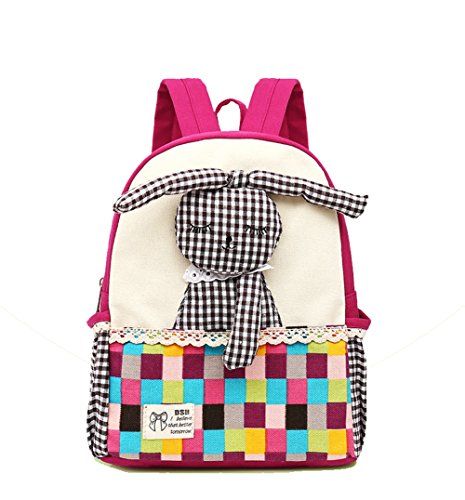 Moolecole Cartoon 3D Rabbit Doll Kids Kindergarten Backpack Canvas Toddler Girls Nursery School Bag Bookbag Rose Red