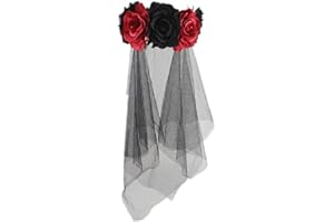 RUIXIA Ladies Day of the Dead Mesh Veil with Roses Garland Vintage Halloween Carnival Party Headband Fancy Dress Flowery Adults Costume Hairband Gothic Corpse Bride Veil Headpiece Head Buckle Wreath