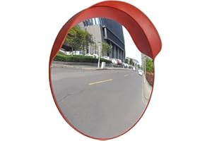 vidaXL Outdoor Traffic Convex Safety Mirror - PC Plastic - Orange, 60 cm Diameter, Includes Mounting Bracket, Built-In Shade for Weather Protection