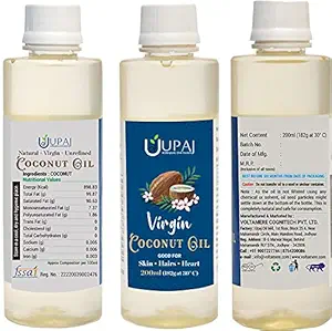 UPAJ Cold Pressed Virgin Coconut Oil-200 ml| 100% Chemical Free | Zero TRANSFAT | Unrefined & Unbleached | Keto, Paleo | Pure, Raw, Natural | Cooking, Hair growth, Skin Care, Baby Massage, Controls Hair fall, Oil Pulling | Sulphate & Paraben Free |