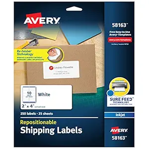 Avery White Repositionable Shipping Labels for Inkjet Printers, 2 x 4 Inches, Box of 250 (58163)