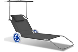‎YAKIMZ Yakimz Sonnenliege mit 2 Rädern, Gartenliege Strandliege Klappbar mit Sonnenschutz, Liegestuhl Faltbar Kippliege, Rollen Strandliege Verstellbare Rückenlehne, Anthrazit