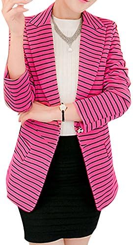 Aisuper Womens Stripe Printed Blazer Lapel Casual Work Slim Suit Jacket Outwear Small Pink