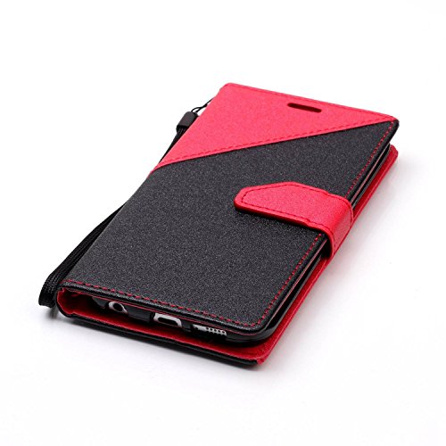 Galaxy S6 Edge Hülle,Samsung S6 Edge Leder Case,Sunroyal PU Leder Brieftasche Schutzhülle Tasche Handyhülle Schutz Hüllen im Bookstyle Ledertasche mit Stand Funktion Kartenfächer Magnetverschluss Magnet Etui Schale Schutzhüllen,Retro Schwarz Rot Muster Entwurf Flip Klapp Cover Tasche mit Strap Kartensteckplatz Hinterschale Kartenschlitz mit Silikon Kratzfest für Samsung Galaxy S6 Edge + HD Super Klare Displayschutzfolie - 6