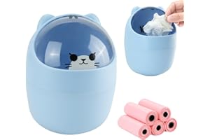 IBEQUEM Mini Trash Can, Cute Small Trash Can with Lid, Desktop Paper Bin with 5 Rolls of Bin Liners, Portable Tabletop Dustbin, Cartoon Rubbish Storage for Office Bedroom Desk Car Kitchen (Blue)