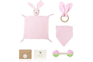 XZMCAT Set Cadeau personnalisé pour bébé garçon & Fille, 100% Coton Doudou, Anneau de Dentition, Triangle, Carte de vœux, hochet 11CM, idéal comme Cadeau de Naissance, Cadeau pour Nouveau-né(Rose)
