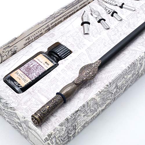 HOHUHU HO-Q-304 - Juego de bolígrafos de caligrafía hechos a mano con 4 puntas, tinta negra, botella