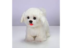 CU-MATE Peluche Interactive Maltese Simulation Dog-Realistic Puppy Electronic Toy Dog with Walking/Barking/Wagging Tail/Talking-Like Real Robotic Present Pet Toy for Girls Boys