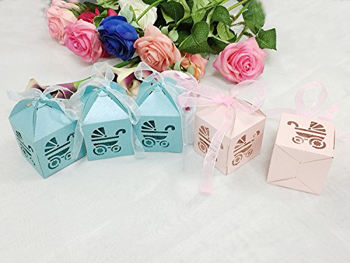 Lavinaya Geschenkschachteln mit Laserausschnitten für Taufen, Babypartys usw., klein, mit Schleife, 50 Stück blau - 4