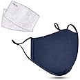 Cotton Face Cover with 2x Carbon Air Filters - Washable & Reusable Face Mouth Protector with Adjustable Straps (Blue)