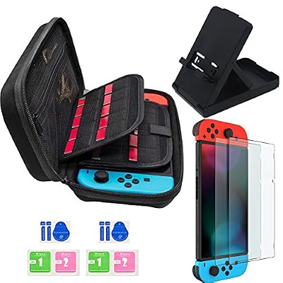 Jusoney Nintendo Switch Accessoires, Comprenant Nintendo Switch Housse +2 Protection écran+Support pour Nintendo Switch,Jusoney Etui pour Nintendo Switch avec Espace de Stockage Plus Large pour 20 Jeux