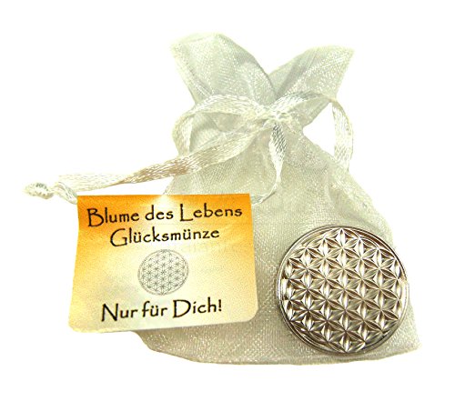 EnerChrom | Blume des Lebens-Glücksmünze als Glücksbringer | Lebensblume-Talisman | Metall-Farbe: silber | 1 Stück in Organzasäckchen verpackt als Geschenk-SET