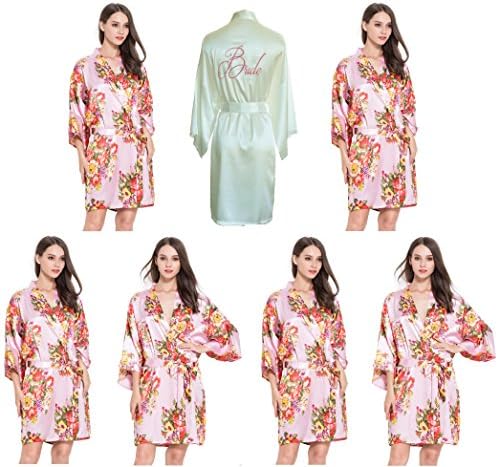 FETE FABULOUS Set of 7 Hen Party Getting Ready Robes, OSFM, Wedding Dressing Gowns for Bride/Bridesmaids, 6 Blush Light Pink FLORAL &amp; 1 Ivory Satin Embroidered Pink "BRIDE" Kimono Robes