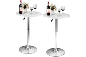 TANGZON Round Bar Table, Height Adjustable Marble Top Steel Counter Pub Desk, 360° Swivel Bistro Table for Kitchen, Restaurant and Cafe (2, White)