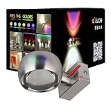 Für die besondere Stimmung gibt es optional verschiedene Farbfilter zum nachrüsten. Der Kopf ist aus einem Aluminiumblock ausgefräst, die Halterung aus gebürsteten Aluminium.