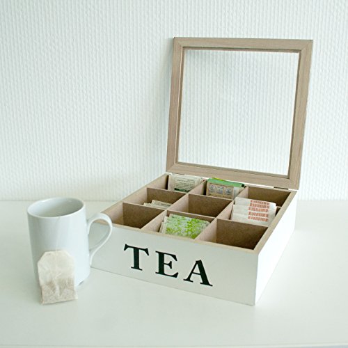 ToCi Teebox Holz Weiß mit 9 Fächern | Quadratische Teekiste Teedose Teebeutel Box Aufbewahrung | 24 x 24 x 8 cm (LxBxH) | „Tea Box“ im Vintage Look - 4