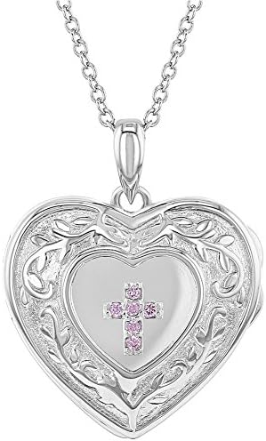 925 Sterling Silver Girl's 16" Pink Cubic Zirconia Religious Cross Heart Locket Pendant Necklace - Dainty Cross Jewelry Piece for Preteens & Teens - Stunning CZ Photo Pendant Accessories for Girls