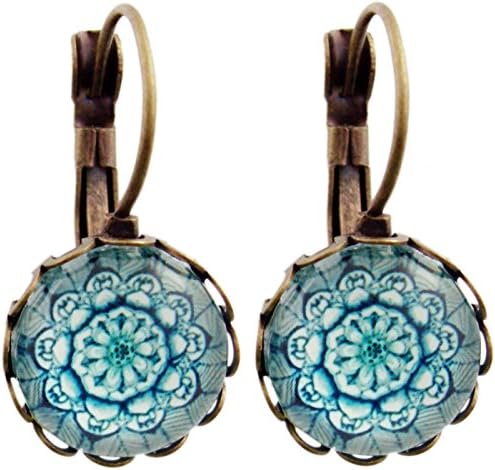 Miss Lovie Ladies Vintage Flowers Stud Earrings Cabochon Blue 12 mm Bronze